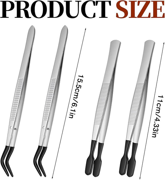 4Pcs Bead Jewelry Tweezer Forceps Rubber Tipped Tweezers Flat and Bent Silicone Tipped Forceps for Crafting Stamps Tongs Lab Industrial