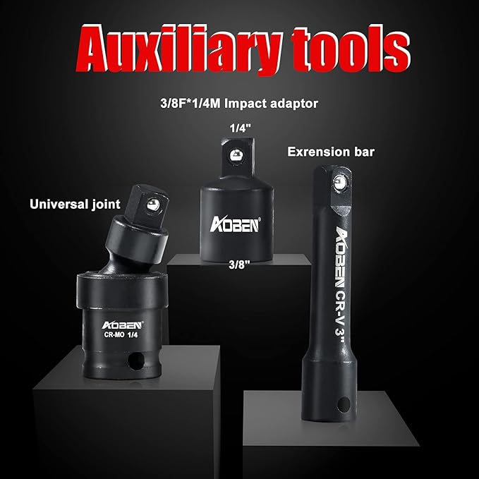 AOBEN 1/4-Inch Drive Impact Socket Set, 54 Pieces, 6 Point, SAE/Metric, (5/32" - 9/16" 竊?mm -15mm)竊똃eep/Shallow, Cr-V Steel, Includes Extension bars and Socket Adapter