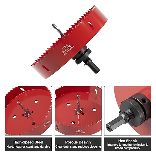 6-3/8" (162mm) Bi-Metal M42 High Speed Steel Hole Saw with Pilot Drill Bit, Smooth Cutting Edge for PVC, Drywall, Wood, Plastic, Gypsum Board, Rubber, Thin Metal