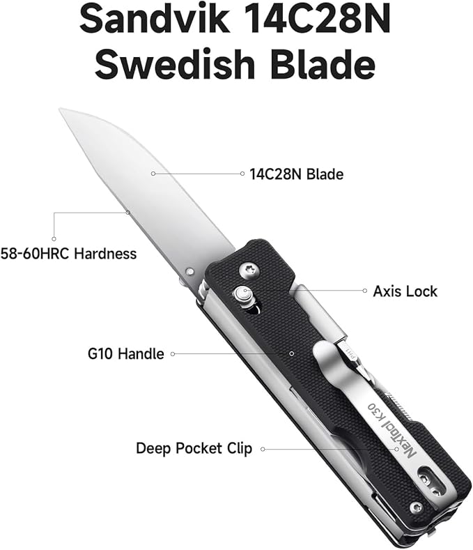 NexTool Knight K30 Axis Lock Folding Pocket Knife, 11-in-1 Multitool with 2.76" 14C28N Steel Blade EDC Knife and G10 Handle, Crossbar Lock Knives for EDC, Camping, Hiking, Survival, Gifts for Men
