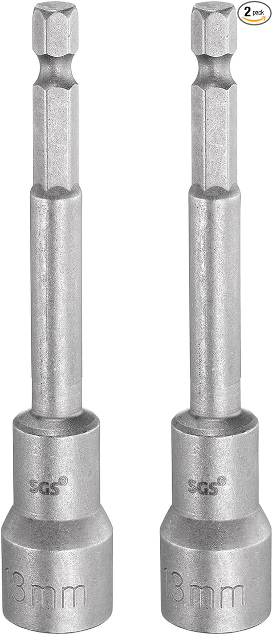 HARFINGTON 2pcs Nut Driver Drill Bit 13mm Metric Socket 1/4" Hex Shank 3.94" (100mm) Long Magnetic 6-Point Sockets Quick Change CR-V Steel Bolt Setters for Power Drill Drivers
