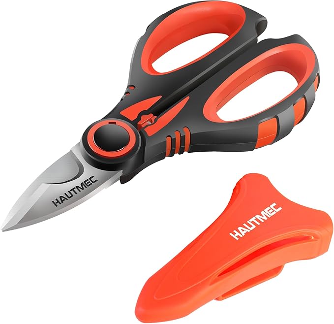 HAUTMEC Heavy-Duty Electrician Scissors, 6-1/4" Professional Electrician Shears with Stainless Serrated & Notch Blade, Wire Stripping, Cable Cutting & Crimping, Ergonomic Fiberglass Handle, HT0416