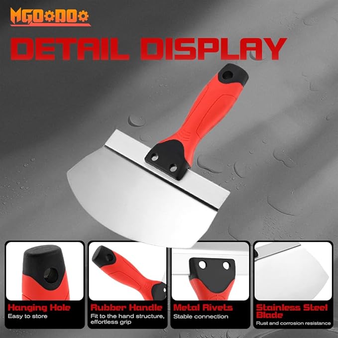 Mgoodoo 2PCS Stainless Steel Bucket Scoop,6.5 inch Curved Contoured Blade Putty Knife for Drywall & Plaster,Rustproof Scraper Tools with Soft-Grip Handle for Clean Paint,Mortar,Putty,etc(Red)