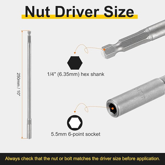 HARFINGTON 2pcs Nut Driver Drill Bit 5.5mm Metric Socket 1/4" Hex Shank 10" (250mm) Extra Long Magnetic 6-Point Sockets Quick Change 40Cr Steel Bolt Setters for Power Drill Drivers