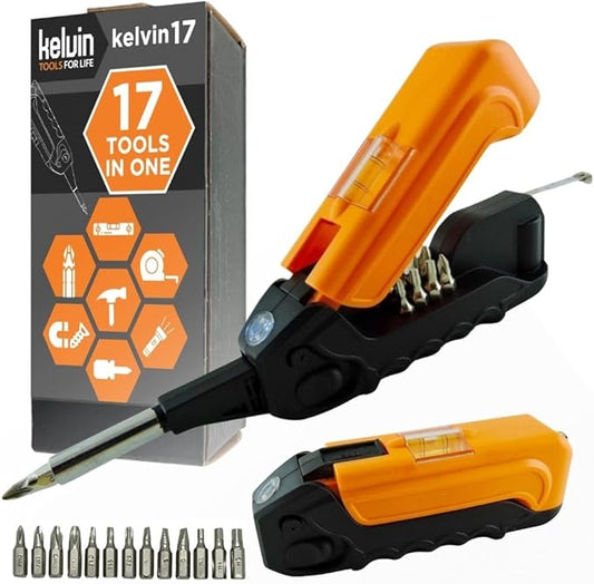 Kelvin Tools Kelvin 17 | The Palm-Sized Everyday Multi-Tool Set | 17 Integrated Tools: 13 Bit Screwdriver Set, Tape Measure, Liquid Level, Hammer, and Flashlight (Orange)