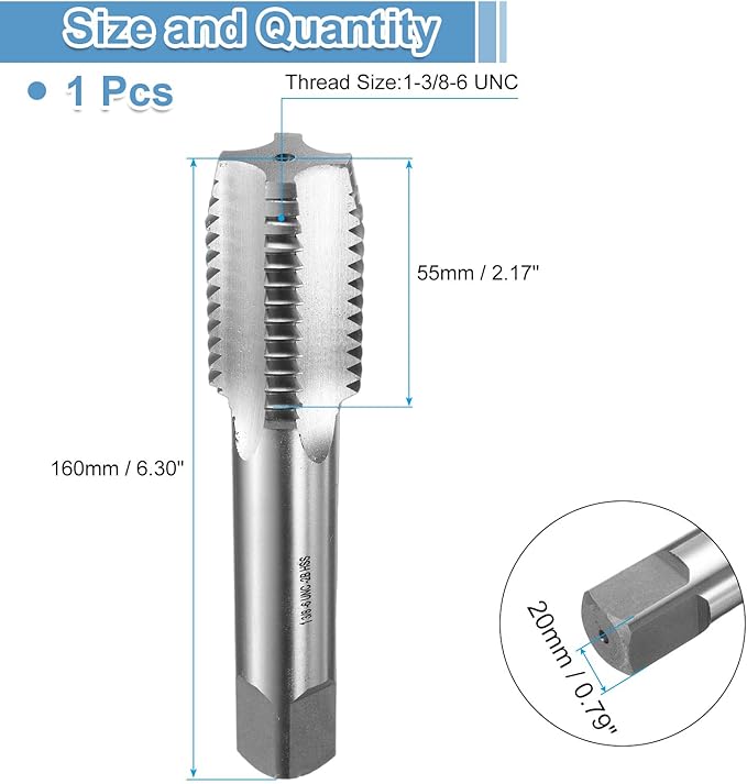 uxcell Hand Bottom Tap 1-3/8-6 UNC 2B Thread Bottoming Style Threading Taps High Speed Steel HSS6542 Straight Flutes Screw Tapping Tool