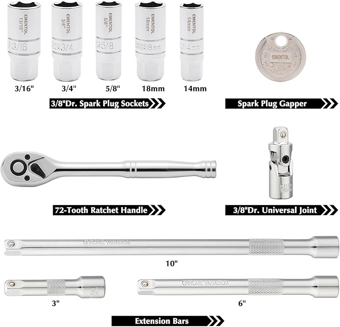 EMENTOL 11PCS 3/8" Drive Socket Accessory Set, SAE/Metric, 6 Point Spark Plug Sockets, Universal Joint, Extension Bar, Ratchet Wrench, Spark Plug Gap Gauge