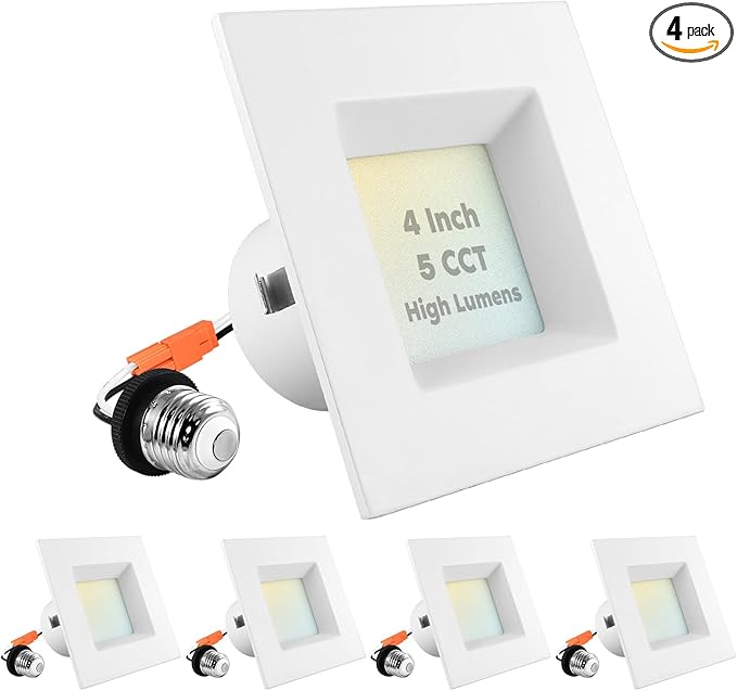 LUXRITE 4 Inch Square LED Recessed Can Lights, 14W=75W, 5 Color Options 2700K-5000K, 950 Lumens, Dimmable LED Retrofit Kit, Wet Rated, IC Rated, Energy Star, ETL Listed (4 Pack)