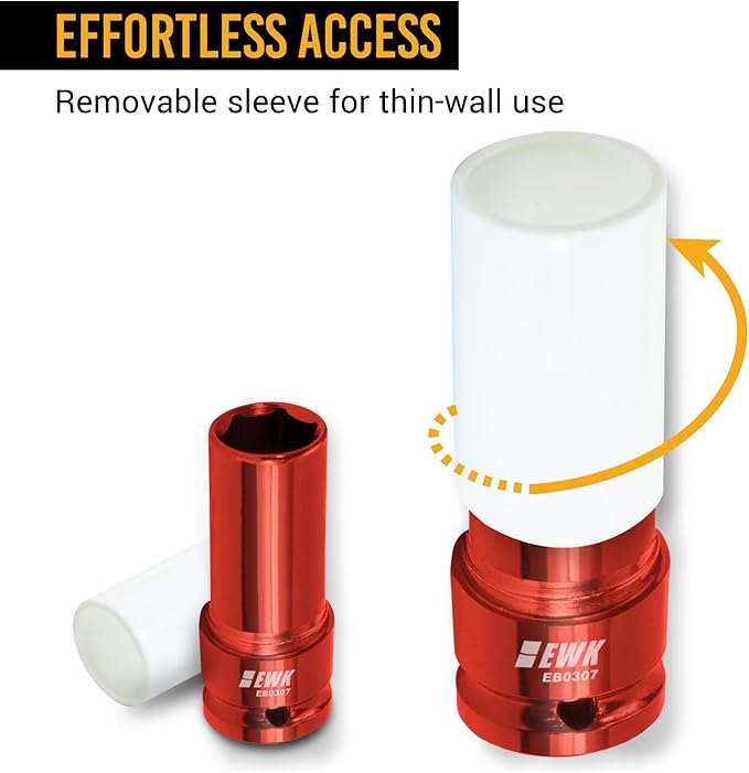 EWK 1/2" Drive 21mm Lug Nut Socket, 21mm Impact Socket, Non-Marring Protective Sleeve Prevents Damage to Custom Rims