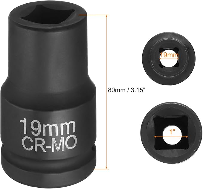 HARFINGTON 4 Point Square Socket 1" Drive 19mm Metric Square Impact Socket CR-MO Blackening Standard Wheel Sleeve Pneumatic Sleeve Tool for Auto Repair Mechanical Maintenance Home Use
