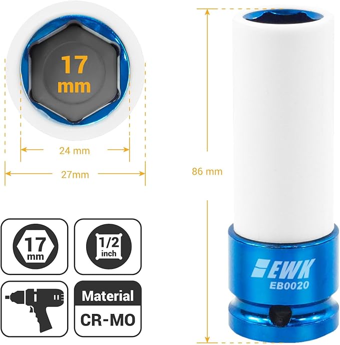 EWK 1/2" Drive 17mm Lug Nut Socket, 17mm Socket for Wheel Service, Non-Marring Protective Sleeve Prevents Damage to Custom Rims