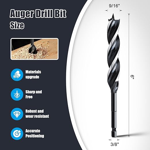 2PCS 9/16" x 6" Auger Drill Bit for Wood, Hex Shank Tri Flute Ship Auger Long Drill Bit for Soft and Hard Wood,Tree Stump,Plastic,Drywall and Composite Materials
