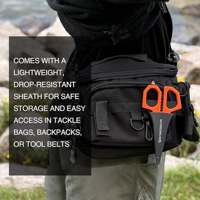 BasicGear Fishing Multi-Tool Scissors ??Titanium-Coated, Stainless Steel, Multi-Tool Cutter with Hook Adjuster, Screwdriver, Bottle Opener, Sheath & Non-Slip Grip for Saltwater or Freshwater Use
