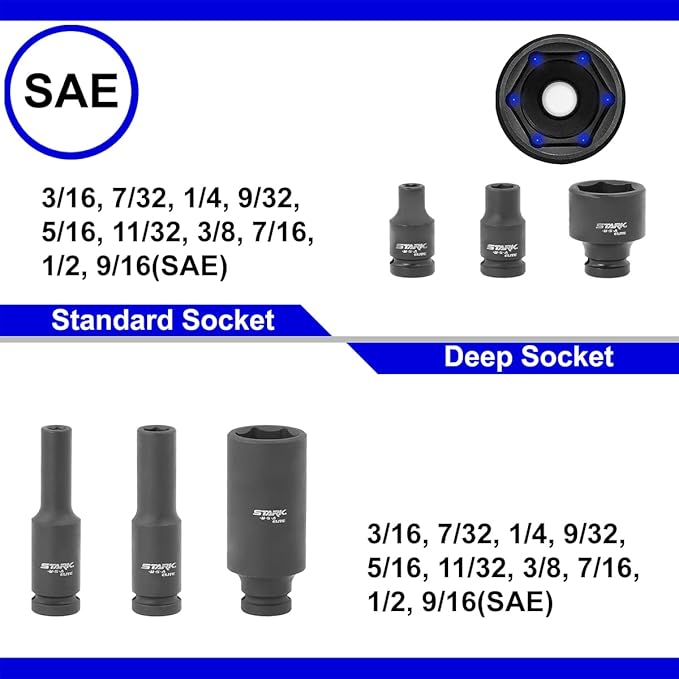 Stark USA Elite 53PCS 1/4" DR Master Impact Socket Wrench Set, Universal Socket Adapter SAE (3/16" - 9/16") & MM (4 to 15)