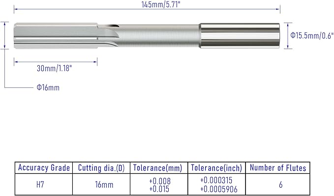 Chucking Reamer 16mm, H7 HSS Cobalt M35 Lathe Machine Reamer Metric, 6 Straight Flutes, Round Straight Shank Milling Cutting Tool, for Stainless Steel Alloy Copper Metal