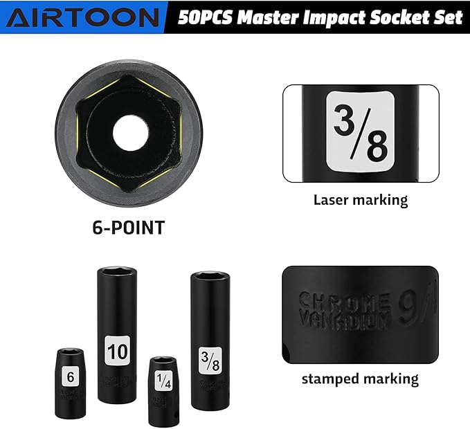 AIRTOON 1/4" Drive Impact Socket Set, 50-Piece, SAE (5/32 to 9/16 inch) and Metric (4-15mm) Size, Deep/Shallow, 6 Point, CR-V, Master Impact Socket for Household, Automotive Repair
