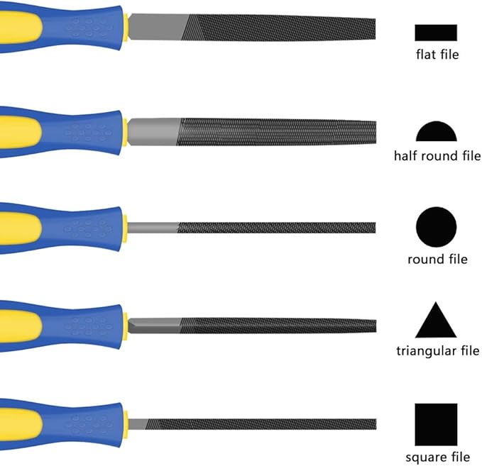 KALIM 5Pcs 6'' High Carbon Steel File, Rasp Set with Soft Rubber Non-slip Handle, Round/Half Round/Flat/Triangle/Squre, Grinding Hand Tool Set for Wood, Metal, Plastic, etc.