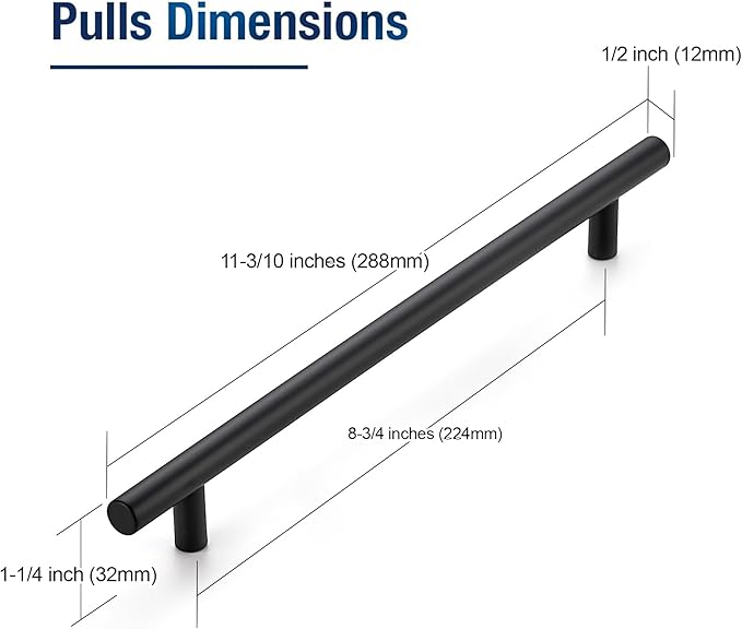30 Pack 11-3/10 Inch Cabinet Pulls Kitchen Cabinet Handles with 8-3/4 Inch Hole Center Matte Black Cabinet Hardware Stainless Steel Kitchen Drawer Pulls for Cabinets Cupboard, 224mm Hole Centers