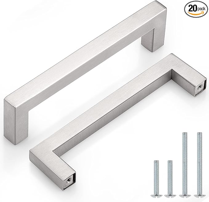 Probrico 20 Pack|Square Cabinet Handles 5 inch Holes Centers Stainless Steel Cupboard Bar Pulls Brushed Nickel Drawer Pulls 5.5 inch Total Length