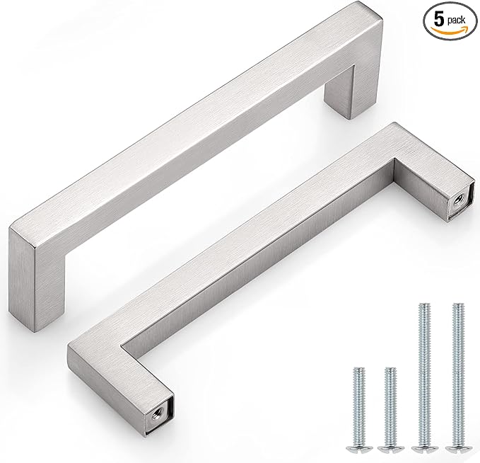 Probrico (5 Pack 5 inch Square Kitchen Cabient Handles Bathroom Dresser Pulls Stainless Steel Modern Bar Pulls Cabinet Hardware