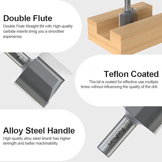 FivePears Straight Router Bits 1/2 Inch Shank Double Flute, 1-1/2 Inch Cutting Diameter, 1-1/4 Inch Cutting Length, Used for Create Groove, Dado or Hollow