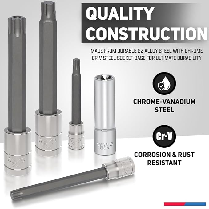 NEIKO 10287A Extra Long Socket Bits and Deep Socket Set | 60 Piece | S2 Tamperproof Torx Plus Bits and Cr-V Steel E-Torx Sockets