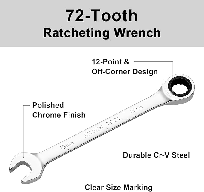 Jetech 15mm Ratcheting Combination Wrench, Industrial Grade Gear Spanner with 12-Point 72-Tooth Ratchet, Forged and Heat-Treated Cr-V Steel, Metric