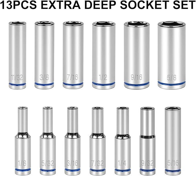 1/4" Drive SAE Master Socket Set, 13-Piece Deep Hex Socket Set (1/8" - 5/8"), Cover Most Commonly Sizes, 6 Point, Chrome Vanadium Steel with Molded Case