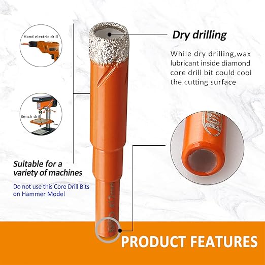 Dry Diamond Drill Bit Set,BGTEC 2pcs 12mm Hole Saw for Granite,Marble,Masonry, Concrete, Tile/Ceramic, Glass, Hard Plastic,Vacuum Brazed Diamond Core Drill Bit Kit