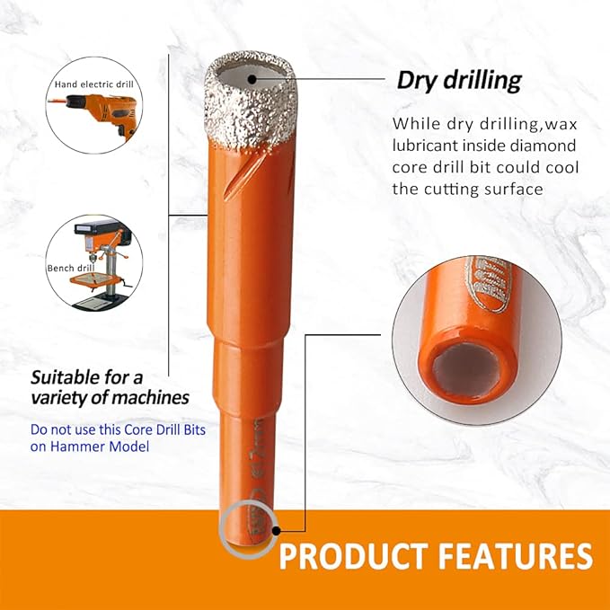 Dry Diamond Drill Bit Set,BGTEC 1pc 3/8" 10mm Hole Saw for Granite,Marble,Masonry, Concrete, Tile/Ceramic, Glass, Hard Plastic,Vacuum Brazed Diamond Core Drill Bit Kit