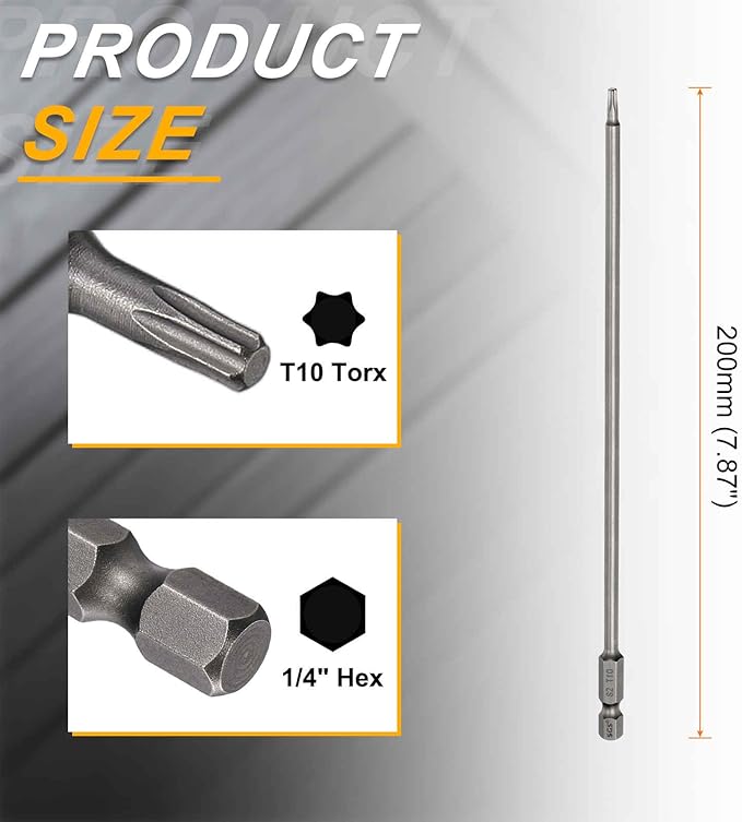 HARFINGTON 2pcs T10 Torx Head Screwdriver Bit 1/4" Hex Shank 7.87" (200mm) Long Magnetic No Hole Tip Tamper Proof 6 Point Star Screw Driver Drill Bits S2 Steel Industrial Power Screwdrivers