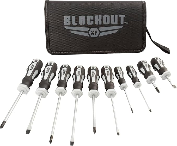 Blackout XP 10-Piece Slotted & Phillips Screwdriver Set Plus Zippered Carrying Bag | Precision Magnetic Screwdriver Tool Set, Black (10 Piece)