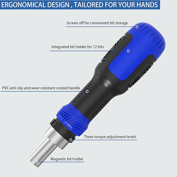 Ratcheting Screwdriver Bit Set, WOOPHEN 13-in-1 Multi Bit Ratchet Screw with Magnetic 1/4 Nut Driver Screwdriver, Suitable for Garage, Home, Workplace and DIY Repair (Blue)