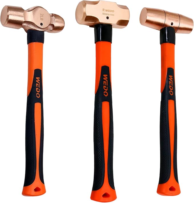 WEDO 3PCS Copper Hammer Set with Fiberglass Handle,3lb Sledge Hammer,2lb Drum Type Hammer,2lb Ball Pein Hammer,Die-Forge,Corrosion Resistant