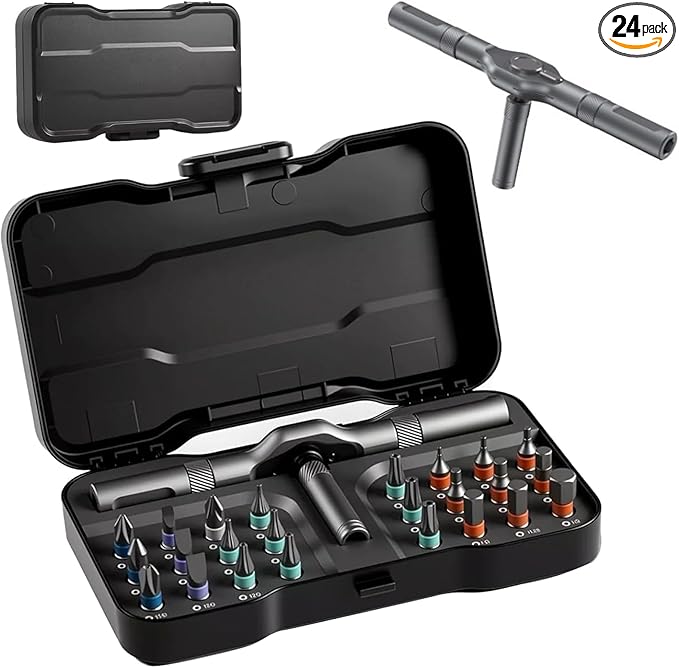 24-in-1 Magnetic Screwdriver Set - DIY Ratchet Screwdriver Kit with 24 Bits, Detachable Handle, & Precision Repair Tools for Furniture, Computers, Bikes (Black)