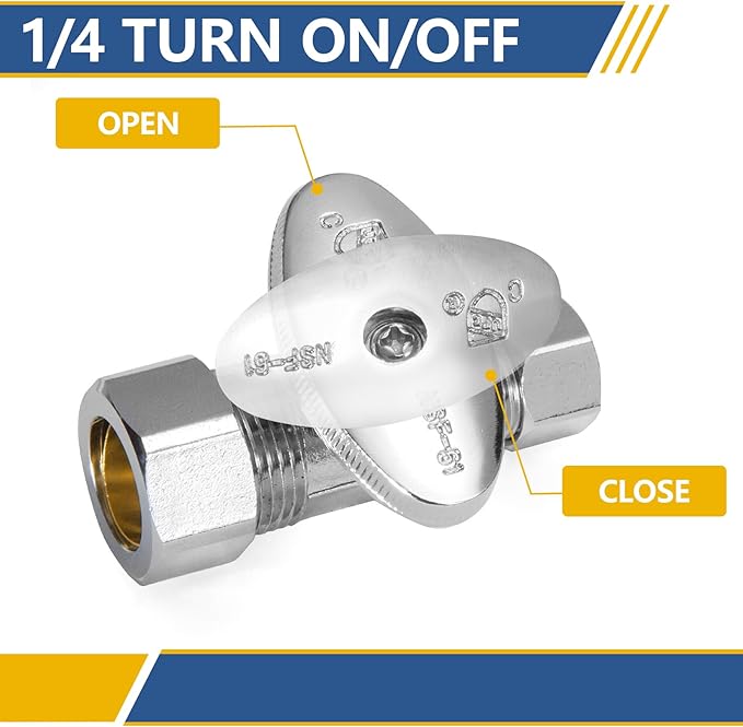 Straight Stop Valve,1/2" Nominal (5/8" OD) Compression x 3/8" OD Straight Shut-off Valve with 1/4 Turn on/off (Pack of 20)(VALVE122-20Pack)