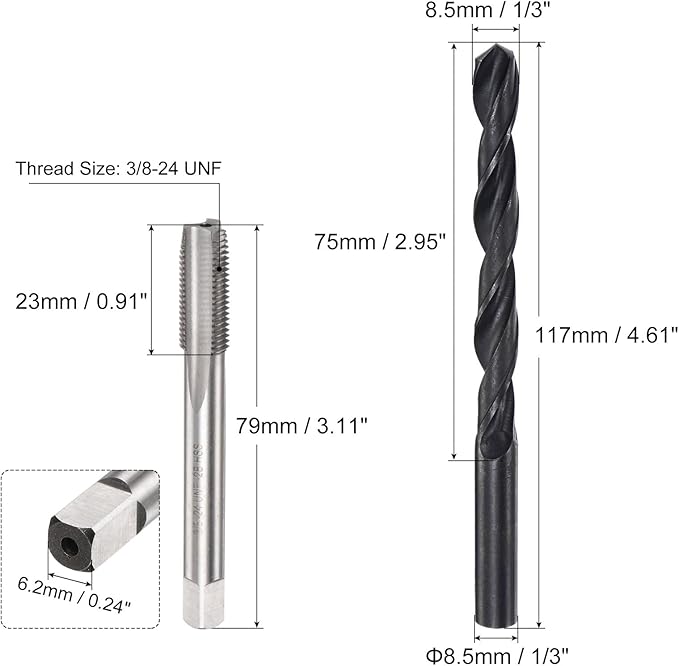 uxcell Tap and Drill Bit Set, 3/8-24 UNF Thread Tap & 1/3" Black Oxide Twist Drill Bit, Straight Flute Tap Tapping Threading Repair Tool Kit
