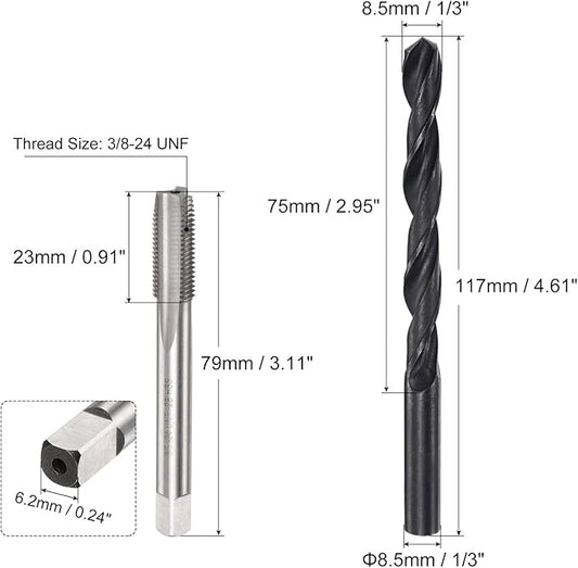 uxcell Tap and Drill Bit Set, 3/8-24 UNF Thread Tap & 1/3" Black Oxide Twist Drill Bit, Straight Flute Tap Tapping Threading Repair Tool Kit