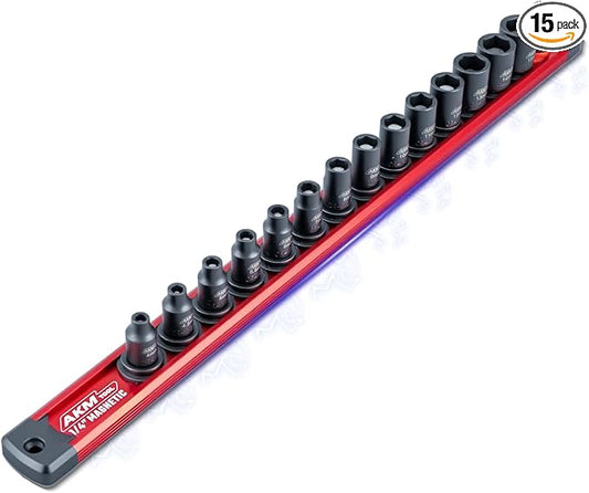 1/4 Inch Drive Magnetic Impact Socket Set, 15-Piece Metric, 4mm-15mm, 6 Point, Cr-Mo, Square Drive, Magnetic Sockets with Adapter, Rail