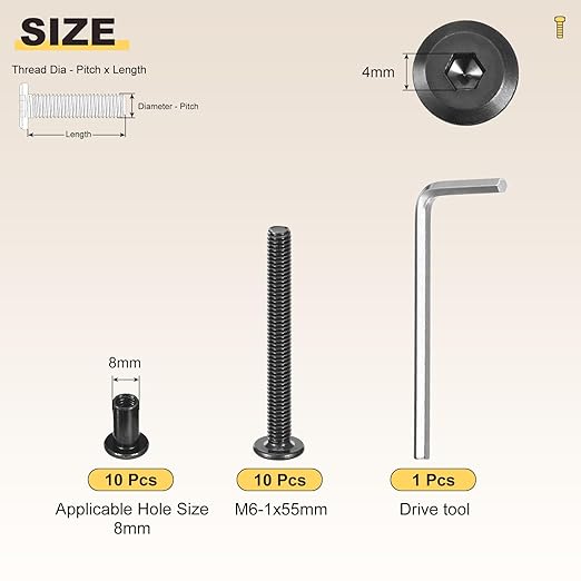 METALLIXITY Furniture Crib Screws Replacement Set with Wrench(M6-1x55mm) 20Pcs, Galvanization Connector Bolts M6 Screw Barrel Nuts Binding Screws, for Chair Cabinet Bed, Black