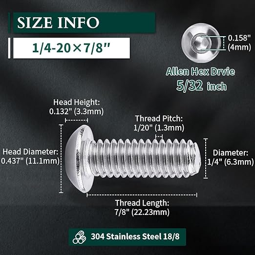 1/4-20 x 7/8" Button Head Socket Cap Bolts Screws, 304 Stainless Steel 18-8, Allen Hex Drive, Bright Finish, Fully Machine Thread, Pack of 100