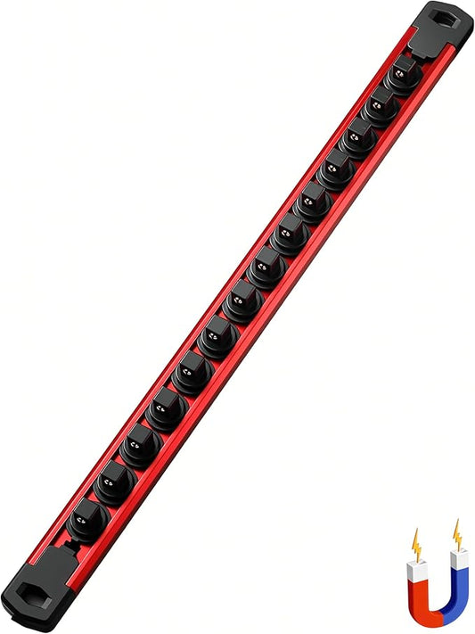 ALOANES 3/8-Inch Drive Magnetic Socket Organizer, Heavy Duty Aluminum Socket Rail Organizer, 360째 Swivel Clips Socket Holder Kit for Tool Box, 3/8-Inch Socket Holder x 14 Clips (Red)