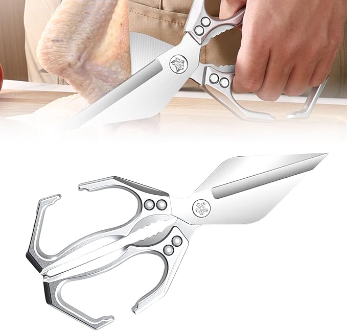 Multifunctional Heavy-Duty Kitchen Shears, Heavy Duty Kitchen Scissors, Poultry Shears with Ergonomic Handle, Food Scissors for Chicken Meat Seafood Bone Cutting, Cooking Accessories (Silver)