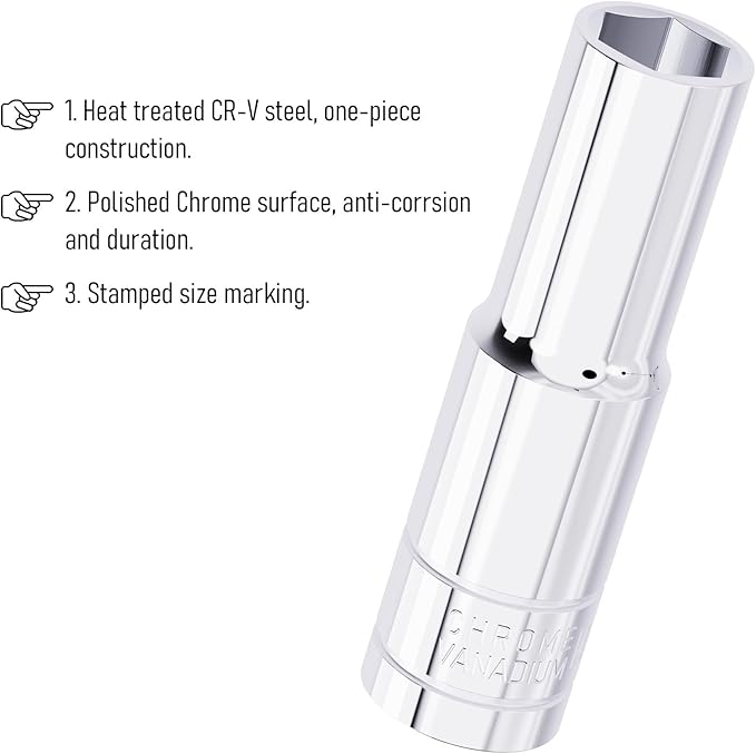 14mm(9/16") Deep Socket, 1/2 Inch Drive, 6-Point, Metric, Heat Treated CR-V Steel Sockets, Full Polishing, 3.1 Inch Length