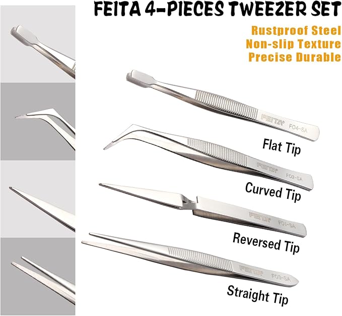 FEITA Precision Craft Tweezers Stainless Steel Tweezer Set for Jewelry, Crafting, Bead & Nail Art Tools – 4 Piece Twizzers
