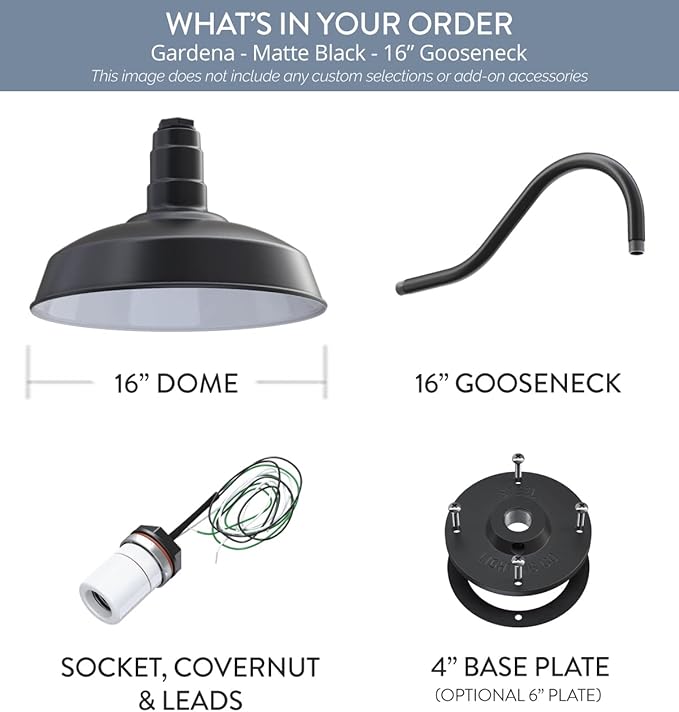 Steel Lighting Co. | Dusk to Dawn | Gardena Barn Light | Outdoor Wall Mounted | 16" Dome | 16" Gooseneck | Farmhouse Light Made in America | Matte Black Exterior/White Interior