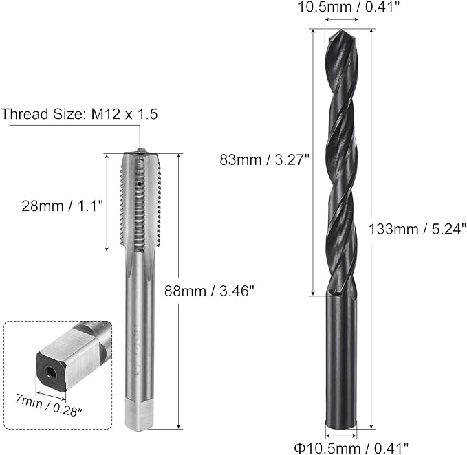 uxcell Metric Tap and Drill Bit Set, M12 x 1.5 Thread Tap & 10.5mm Black Oxide Twist Drill Bit, Straight Flute Tap Tapping Threading Repair Tool Kit