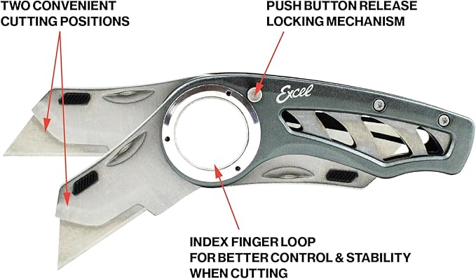Excel Blades Revo Folding Utility Knife ??Heavy-Duty Box Cutter with Aluminum Body, Quick-Change #92 Blades, 3 Lock Positions Design, Anti-Slip Finger Loop Grip, Holster Included ??Grey