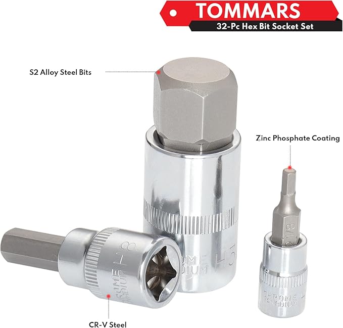 TOMMARS 32-PC Master Allen Hex Bit Socket Set, SAE & Metric Allen Hex Key Wrench Socket Set S2 Steel 1/4", 3/8", 1/2" Drive, H5/64 - H3/4 & H2 - H19