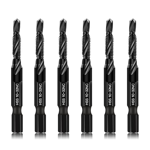 6-Piece 10-32NC Combination Drill Tap Countersink Bit Set SAE, Made of High-Speed Steel with Anti-Rust Blackened Coating, Ideal for Soft Metal, Wood & Plastic, 10-32NC Thread Size, 1/4??Hex Shank